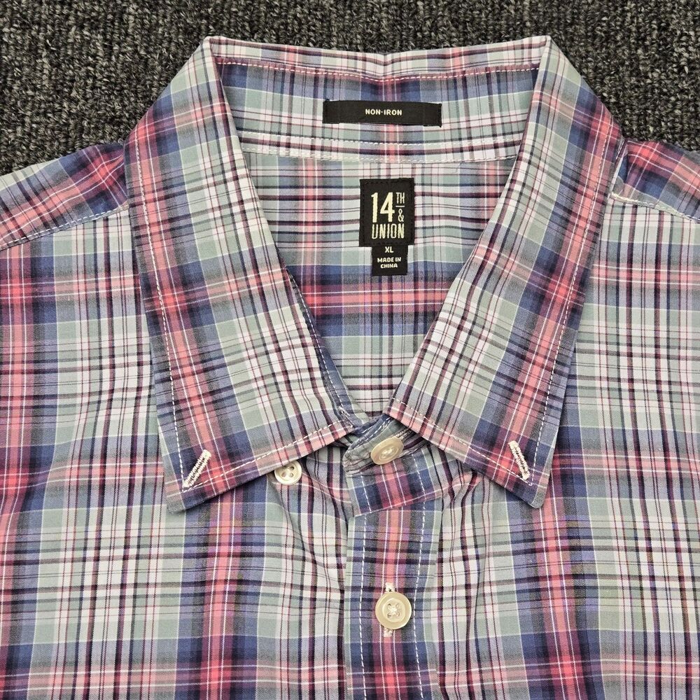 14th Union Mens Shirt XL Plaid Blue Pink Short Sleeve Button Down Non Iron Dress
